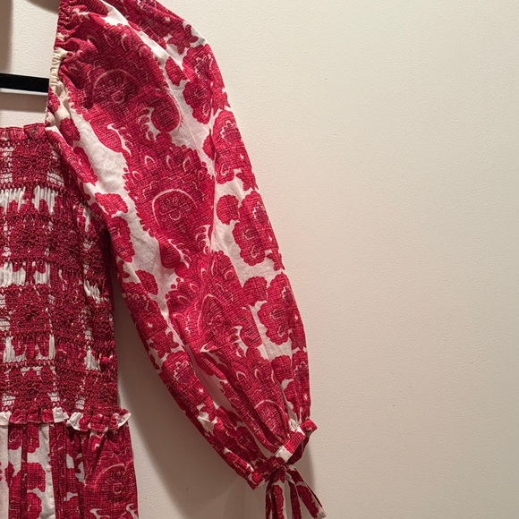 Cara Cara Red and White Floral Smocked Maxi Dress with Puff Sleeves and pockets - Picture 7 of 10